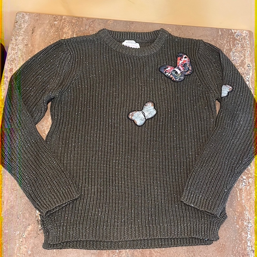 ZARA sweater girls sz 11-12 olive knit  butterfly patches
